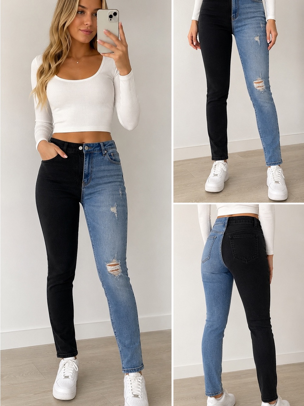 Two-Tone Skinny Jeans - Black & Blue High-Rise